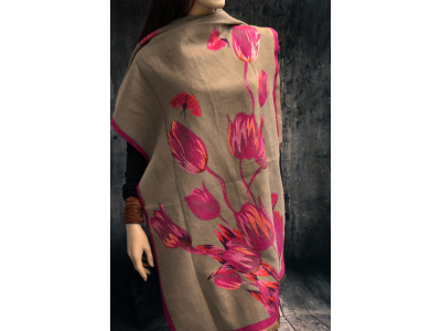Tulpen en vlindersjaal, beige, roze en andere kleuren