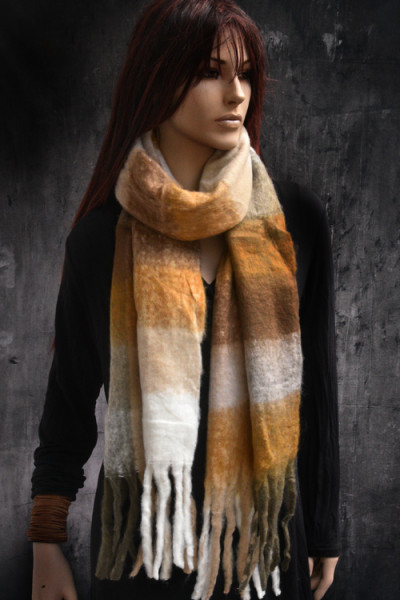Warme lange zachte sjaal, offwhite, cognac en taupe