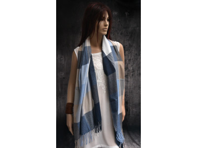 Warme wollen sjaal met ruit- of blokpatroon, blauw, beige, wit, grijs