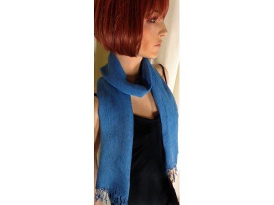 Effen linnen sjaal met franjes, blauw