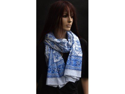 Katoenen sjaal of pareo met originele blockprint, blauw en wit