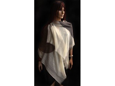 Wollen sjaal, bollen, taupe, offwhite