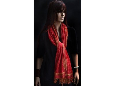 Wollen sjaal met elasthan, donkerrood en camel