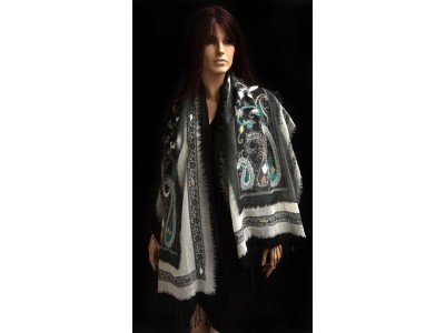 Wollen sjaal of stola, bohemian, grijs zwart offwhite