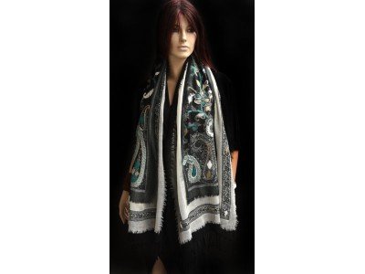 Wollen sjaal of stola, bohemian, grijs zwart offwhite
