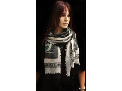 Wollen sjaal of stola, bohemian, grijs zwart offwhite