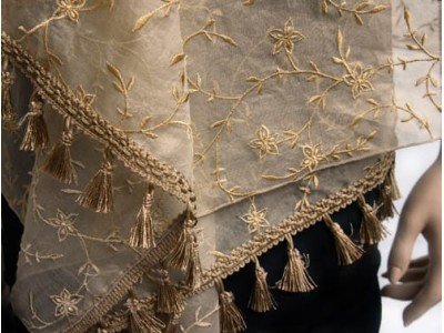 Een omhelzing van luxe: de luxe puur organza zijden sjaal met borduursel en franjes, zandkleur 