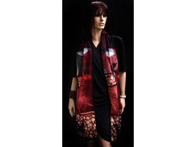 Patchwork vintage style sjaal met kant en franjes, rood, zwart en grijs