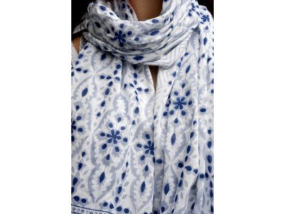 Katoenen sjaaltje, blockprint, blauw, grijs en wit