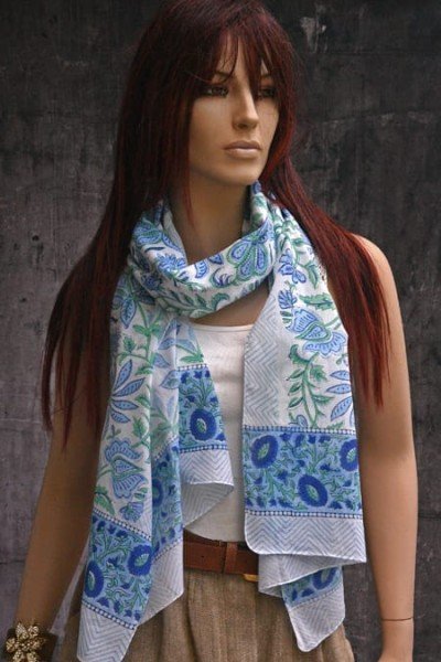Katoenen blockprintsjaaltje, blauw, groen en wit