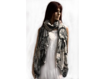 Wollen sjaal of stola, maritieme print, donker en licht grijs en offwhite