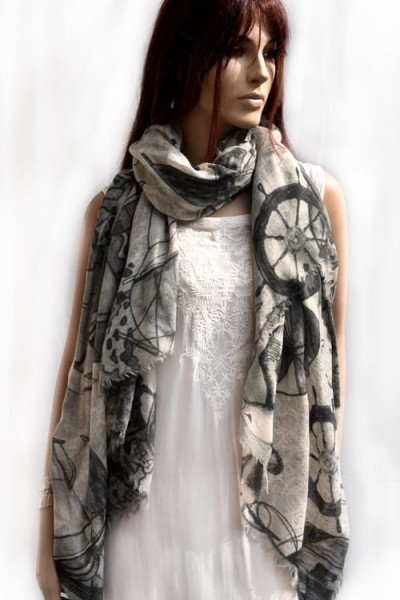 Wollen sjaal of stola, maritieme print, donker en licht grijs en offwhite