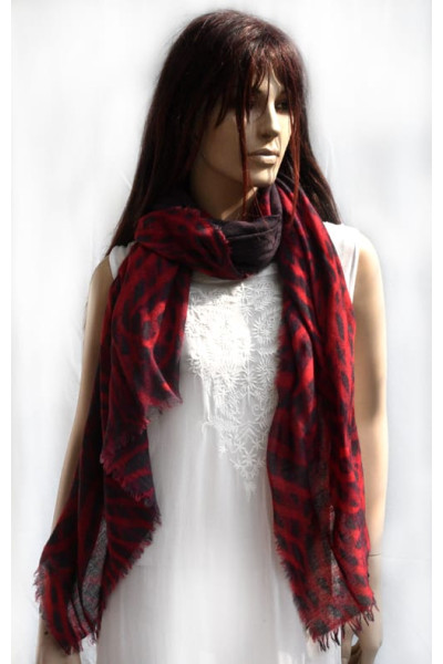 Wollen sjaal of stola, rood, bordeaux en taupe