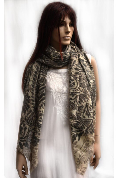 Wollen sjaal of stola met vintage paisley motieven, offwhite, grijs en taupe