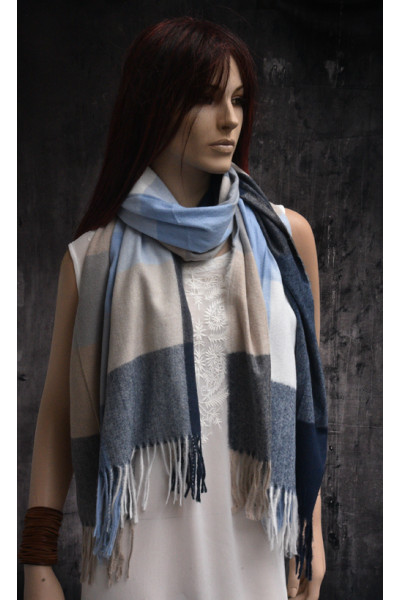 Warme wollen sjaal met ruit- of blokpatroon, blauw, beige, wit, grijs
