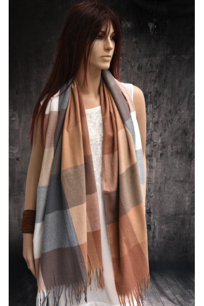 Warme wollen sjaal met ruit- of blokpatroon, bruin, beige, grijs, wit