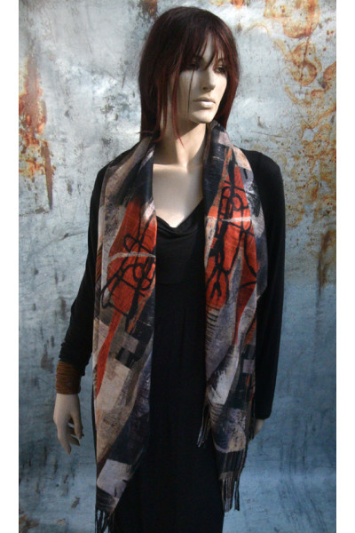 Kunstige sjaal met abstract dessin in oranje, grijs en zwarttinten