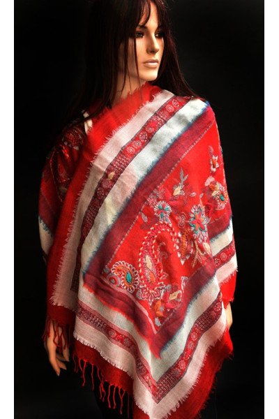 Wollen sjaal of stola, bohemian style, rood en wit