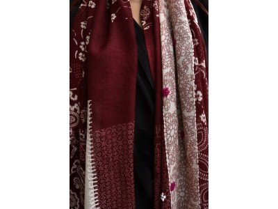 Wollen sjaal of stola, patchwork fantasie, bordeaux en offwhite