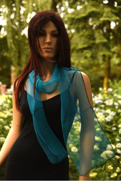 Turquoise organza zijden sjaal, glas in lood effect