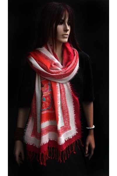 Wollen sjaal of stola, bohemian, rood en wit 