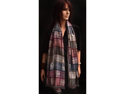 Katoenen sjaaltje met blokken, taupe, blauw, bordeaux en paars