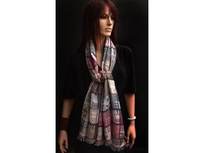 Katoenen sjaaltje met blokken, taupe, blauw, bordeaux en paars