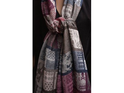 Katoenen sjaaltje met blokken, taupe, blauw, bordeaux en paars