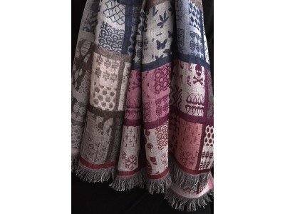 Katoenen sjaaltje met blokken, taupe, blauw, bordeaux en paars