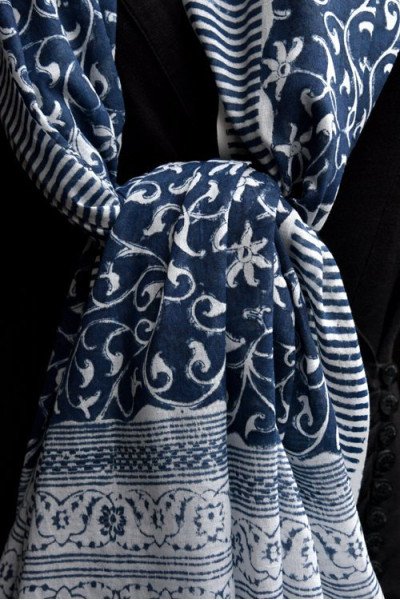 Katoenen sjaal of pareo, blauw wit, originele blockprint