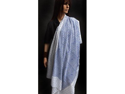 Katoenen sjaal of pareo, blauw en wit, origineel blockprint