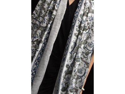 Katoenen sjaaltje met originele blockprint, blauw, groen, zwart, wit