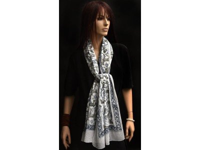 Katoenen sjaaltje met originele blockprint, blauw, groen, zwart, wit