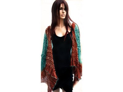 Zijden tie and dye sjaal of stola, petrol, roodbruin