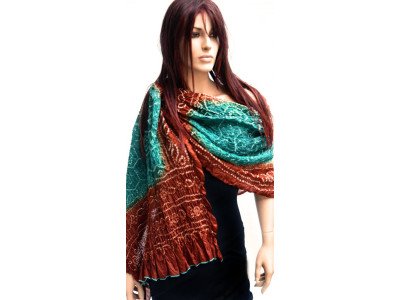 Zijden tie and dye sjaal of stola, petrol, roodbruin