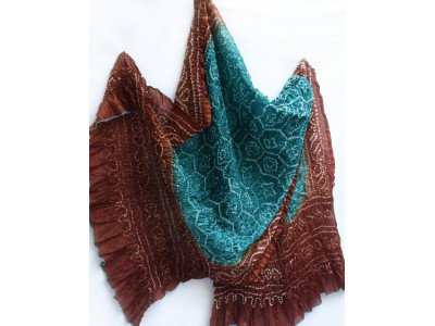 Zijden tie and dye sjaal of stola, petrol, roodbruin