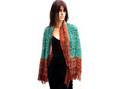 Zijden tie and dye sjaal of stola, petrol, roodbruin