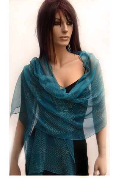 Turquoise zijden sjaal chiffon met blokdrukprints in creme wit