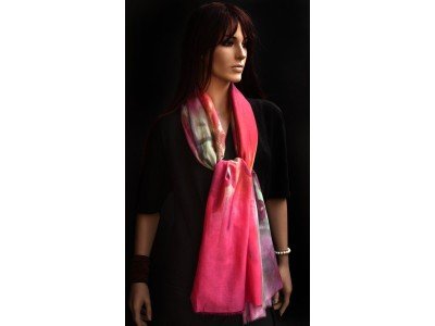 Katoenen sjaaltje met zijde, roze, abstract motief