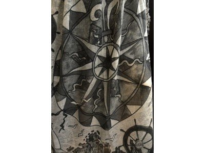 Wollen sjaal of stola, maritieme print, donker en licht grijs en offwhite