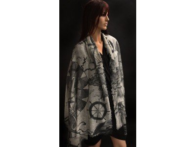 Wollen sjaal of stola, maritieme print, donker en licht grijs en offwhite