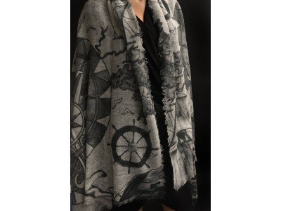 Wollen sjaal of stola, maritieme print, donker en licht grijs en offwhite