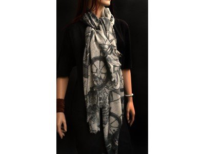 Wollen sjaal of stola, maritieme print, donker en licht grijs en offwhite