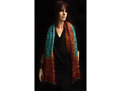 Zijden tie and dye sjaal of stola, petrol, roodbruin