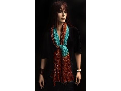 Zijden tie and dye sjaal of stola, petrol, roodbruin