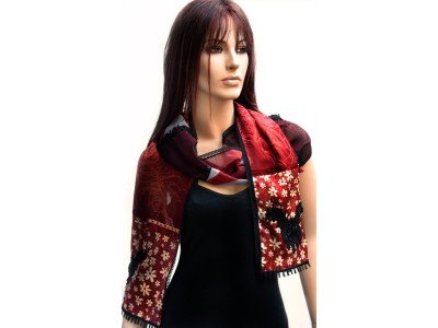 Patchwork vintage style sjaal met kant en franjes, rood, zwart en grijs