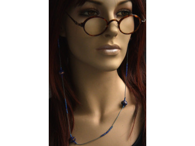 Handmade design brillenkoordje, blauw met koperkleurige kralen