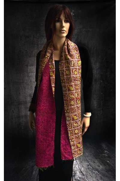 Zijden vintage kantha sjaal, geel, rood en roze