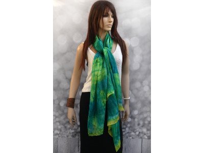 Echte zijden handgeschilderde sjaal, turquoise, middengroen en lentegroen, extra lang