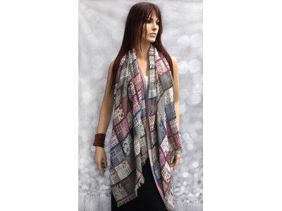 Katoenen sjaaltje met blokken, taupe, blauw, bordeaux en paars